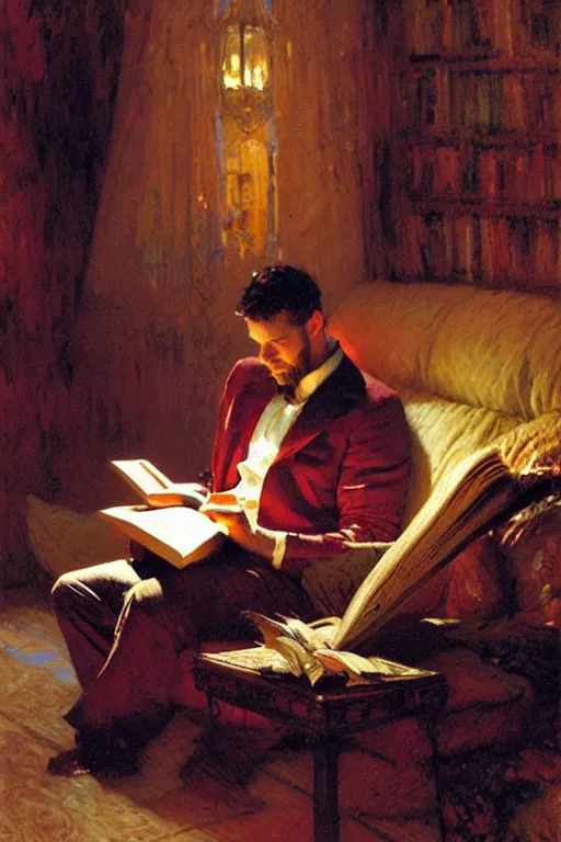 Prompt: attractive man reading books at night, painting by gaston bussiere, craig mullins, greg rutkowski, alphonse mucha