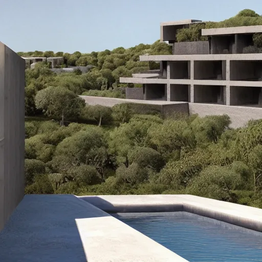 Image similar to architectural rendering of brutalism habitat 6 7 in the desert, biophilia style, pool, garden