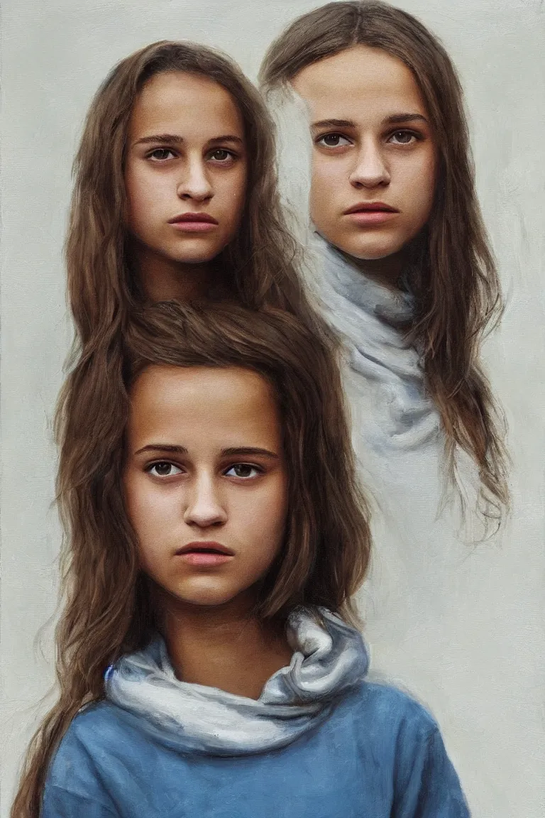 Prompt: portrait of teenage Alicia Vikander in a big old oversized sweatshirt. pollutionpunk, oil on canvas by William Turner, oil on canvas, trending on artstation