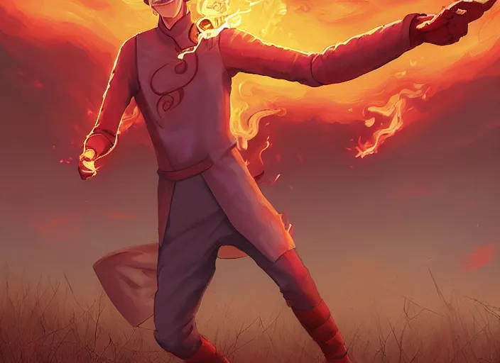 Prompt: squidward wearing fire nation clothing and practicing firebending in an open field at susnset, digital art, highly detailed, intricate, 8 k, greg rutkowski, artgerm