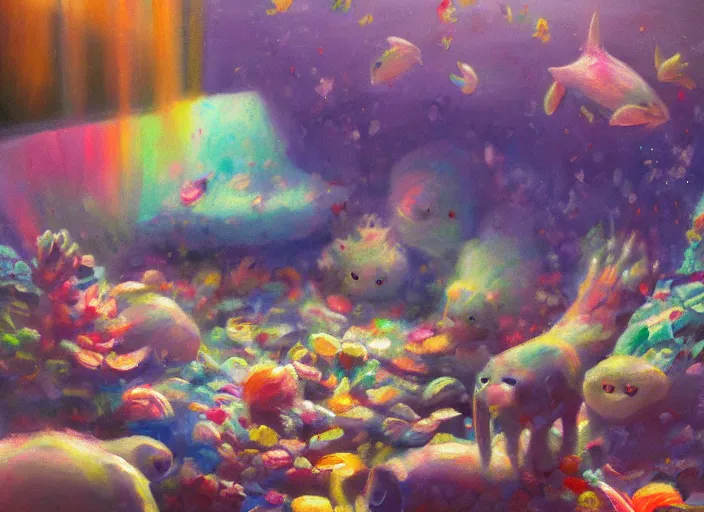 Image similar to clean impasto expressionist bright cheery placid pastel deep cozy moody cluttered painterly fluffy tiny cramped live pet store, aisles of aquariums, slanted ceiling, tiny space, particulate, trending on pixiv