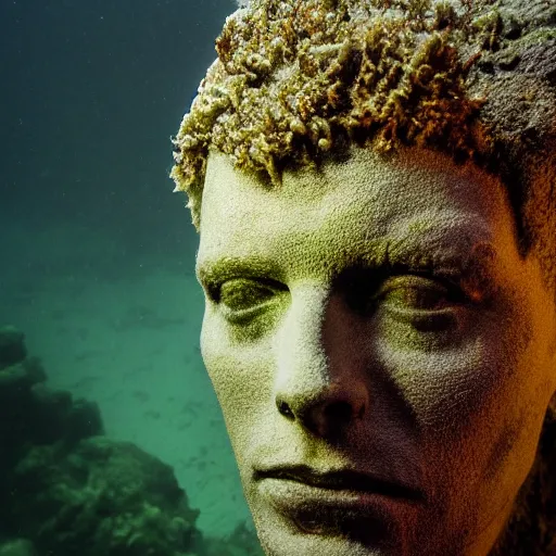 Image similar to Award-winning photograph by Mar Mann. The photo depicts a decaying roman bust of David Bowie overgrown with moss at the bottom of the sea in the middle of ruins of civilization. Minimalism, high definition, perfect composition. Deep sea picture. Very dark. Volumetric Lighting. Fish. Darkness. Ruins