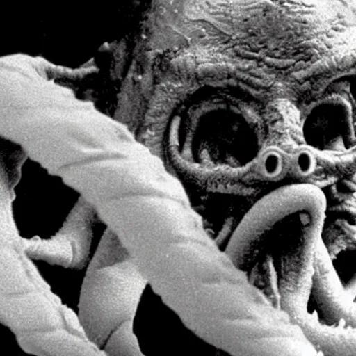 Image similar to horrible creature from the movie The thing (1982). disgusting. movie scene. blood. creepy. tentacles. peeling. chilling. scary. gross. visceral. disturbing. granular photography W-1024 H1024