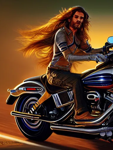 Image similar to handsome man with long hair riding a harley davidson. intricate, elegant, highly detailed, digital painting, artstation, concept art, sharp focus, illustration, by justin gerard and artgerm, 8 k