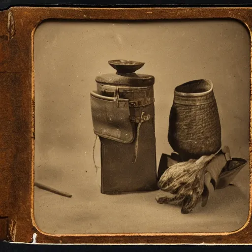 Image similar to Tintype photograph of primitive objects displayed in an ethnographic museum, archive material, anthropology, 1920s studio lighting.