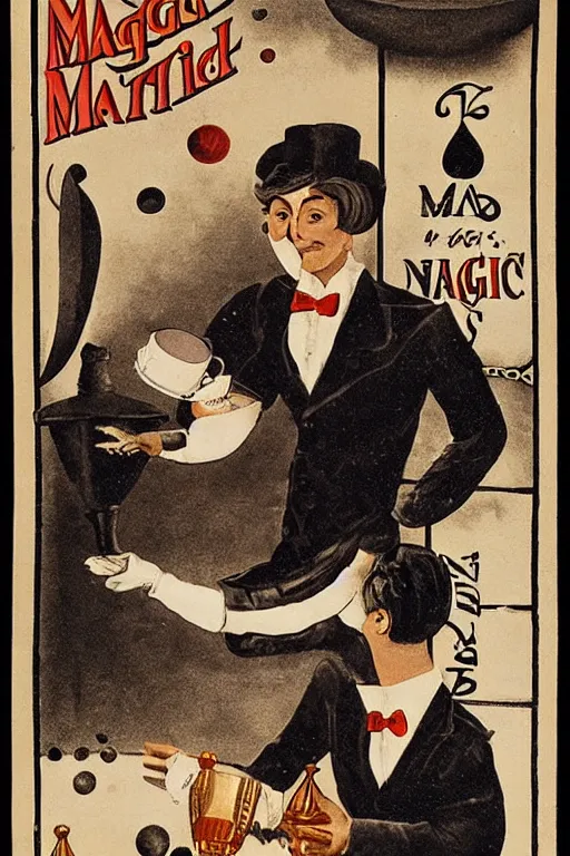 Prompt: an old magic poster showing a magician performing the cups and balls trick