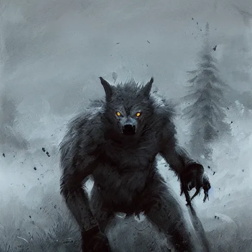 Prompt: artwork inspired by jakub rozalski, werewolf
