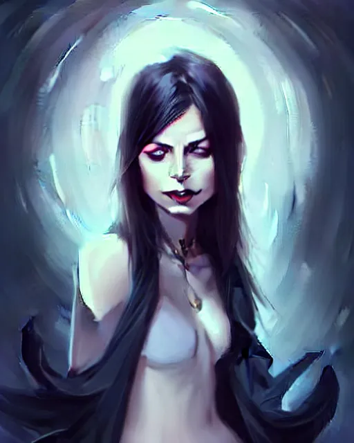 Image similar to style of charlie bowater : : gorgeous willa holland : : evil witch, swirling black magic, black dress : : symmetrical face, symmetrical eyes : : full body pose : : gorgeous black hair : : magic lighting, low spacial lighting : :