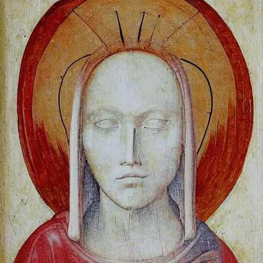 Image similar to realistic medieval painting portrait of white angel with clean narrow face like noface, 3 / 4, miracle light coming up from the head up and up, misty space, grace and blessing, by hieronymus bosch, by leonardo da vinci, by theophanes the greek, by andrei rublev, renaissance, christianity, marble stone, glow effect, white background