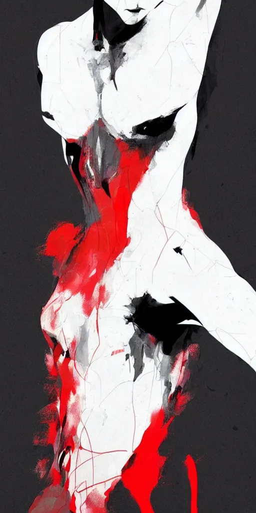 Prompt: abstract flowing brush strokes of the outline of the closeup torso of athletic man posing dramatically with no face in the center of the frame, by conrad roset, dark background, painting trending on artstation