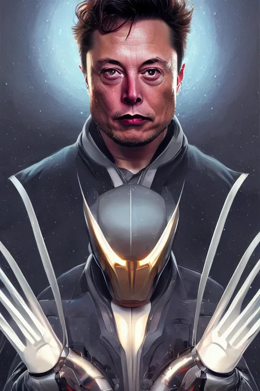 Image similar to elon musk as wolverine, realistic portrait, symmetrical, highly detailed, digital painting, artstation, concept art, smooth, sharp focus, illustration, cinematic lighting, art by artgerm and greg rutkowski and alphonse mucha