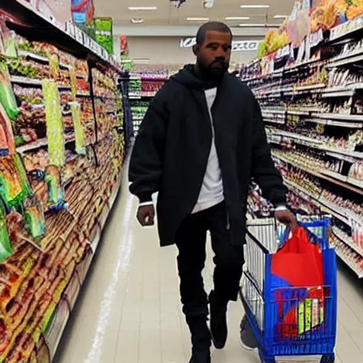 Prompt: grocery store filled with multiple kanye wests shopping