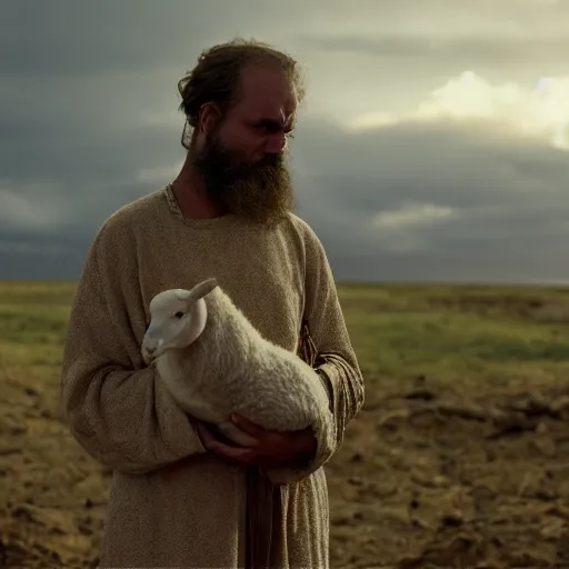 Image similar to cinematic still of depressed man with beard in ancient Canaanite clothing cradling a lamb, sad, anguished, somber, serious, directed by Terrence Malick