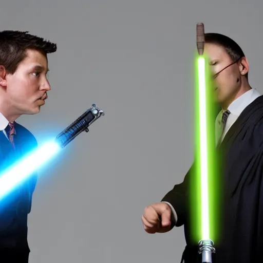 Image similar to a lightsaber battle between two lawyers in a courtroom, photograph, 8k, professional