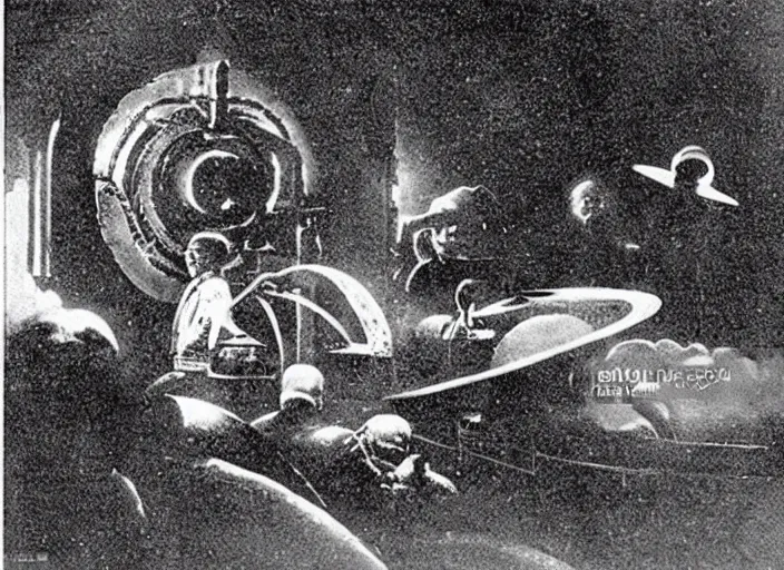 Prompt: scene from a 1910 space opera film