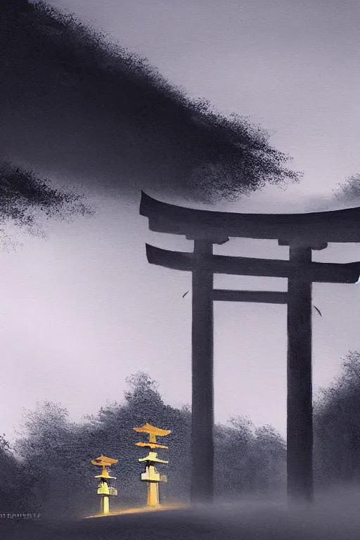 Image similar to Japanese Torii in a moutain ,night , by Grzegorz Rutkowski, concept art