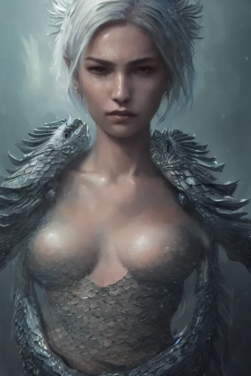 Image similar to a fancy portrait of an attractive hybrid women with dragon scales by Greg Rutkowski, Sung Choi, Mitchell Mohrhauser, Maciej Kuciara, Johnson Ting, Maxim Verehin, Peter Konig, final fantasy , mythical, 8k photorealistic, cinematic lighting, HD, high details, atmospheric,