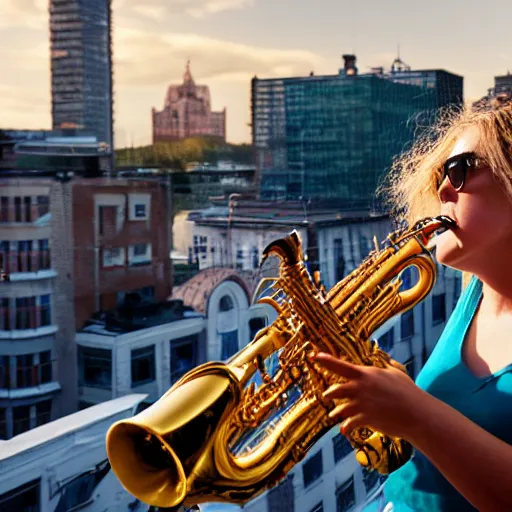 Prompt: a woman playing the saxophone on the roof of a building while it's raining, photo, golden hour