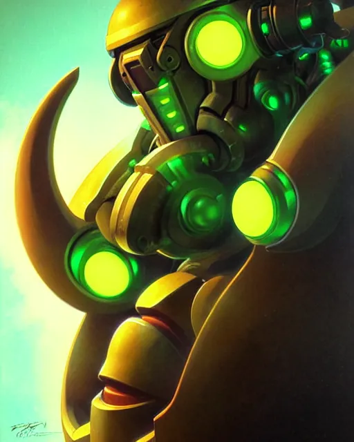 Prompt: orisa from overwatch, character portrait, portrait, close up, vintage fantasy art, vintage sci - fi art, radiant light, caustics, by boris vallejo