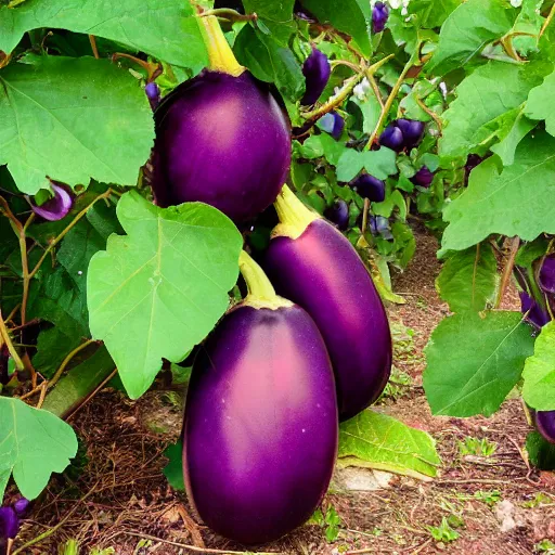Prompt: an eggplant fruit still on the vine, a bizarre detailed red and purple glowing eggplant