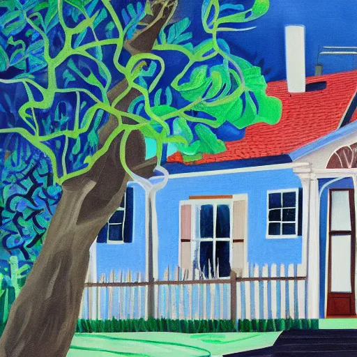 Image similar to a painting of a blue house under a tree, a gouache by charles e. burchfield, behance contest winner, american scene painting, storybook illustration, photoillustration, detailed painting