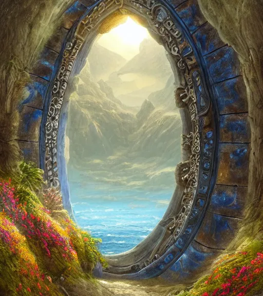 Image similar to A giant medieval fantasy blue energy portal gate with a rusty gold carved lion face at the center of it, the portal takes you to another world, full of colorful flowers on the lost Vibes and mountains in the background, spring, delicate fog, sea breeze rises in the air, by andreas rocha and john howe, and Martin Johnson Heade, featured on artstation, featured on behance, golden ratio, ultrawide angle, f32, well composed, rule of thirds, center spotlight, low angle view-W 1024