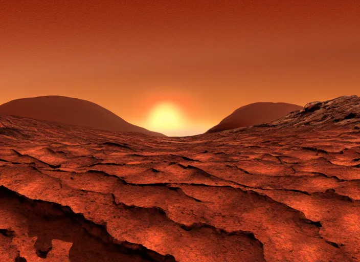 Prompt: an amazing sunset on mars, rugged cliffs in the background, detailed, digital art, vast landscape, immaculate scale