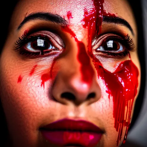 Image similar to close - up of a woman looking up and crying blood, 4 k, photography, highly detailed