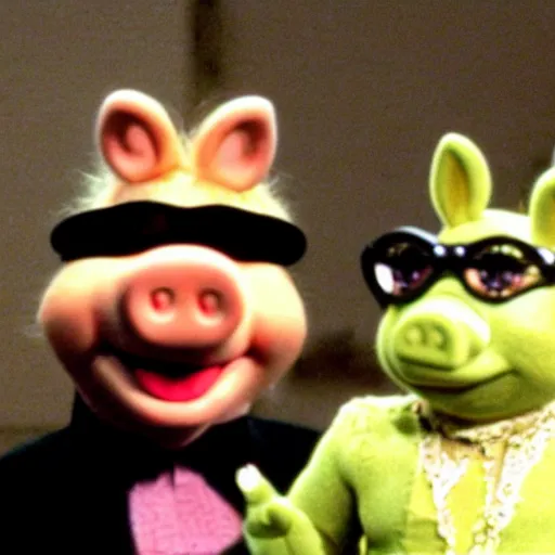 Image similar to Miss Piggy as Morpheus in The Matrix (1999) offering red or blue pill