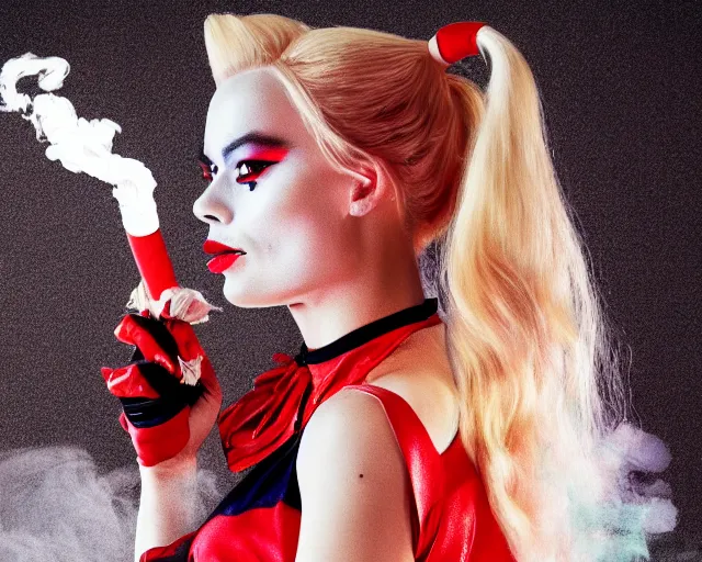 Image similar to Margot Robbie as a harley quinn smoking a cigarette, smoke cloud, cinematic, 4k digital art, highly detailed