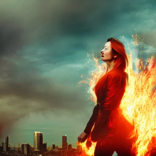 Prompt: a woman on fire, city on fire down there, giant, photoshop, sci - fi, creative and cool, award winning, photo manipulation