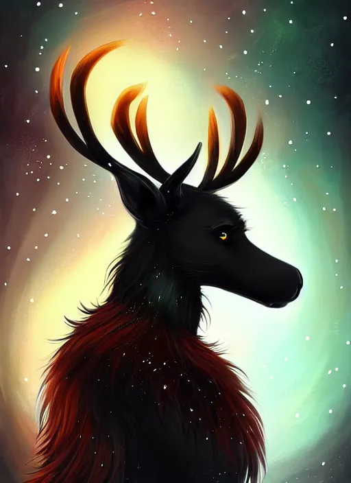 Image similar to award winning beautiful portrait commission of a male furry anthro Black Reindeer fursona with a tail, wings and a cute beautiful attractive detailed furry face wearing stylish black and orange galaxy clothes in a outerspace city at night while it rains. Character design by charlie bowater, ross tran, artgerm, and makoto shinkai, detailed, inked, western comic book art