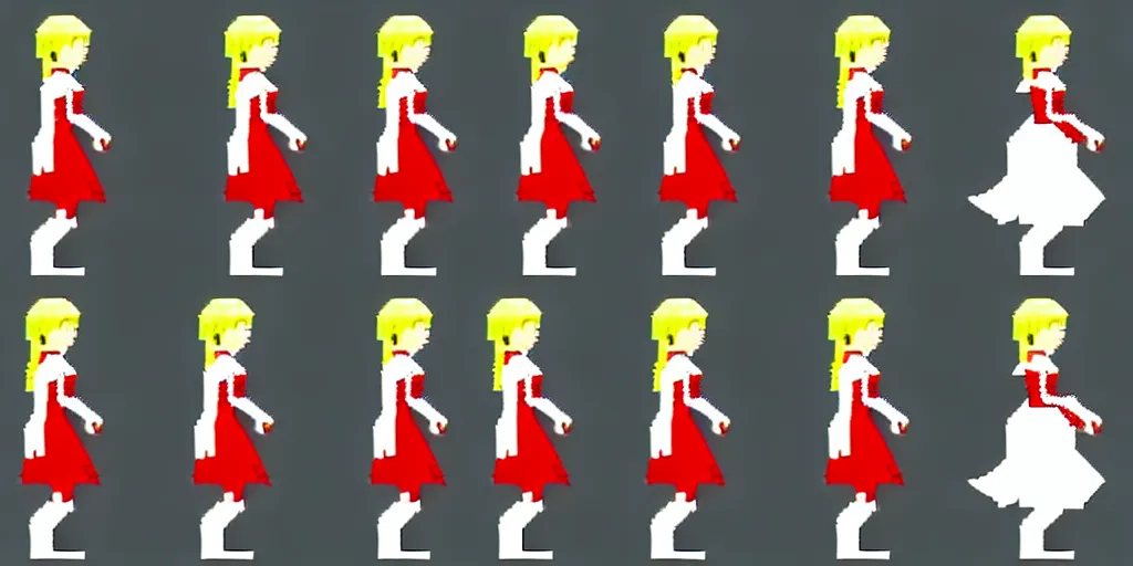 Prompt: walking cycle sprite sheet of a girl in a renaissance dress, walking to the right, each sprite is a different frame of the animation, in the style of final fantasy games, side view of her taking steps, accurate walk cycle, walk cycle, walk cycle, red and white dress
