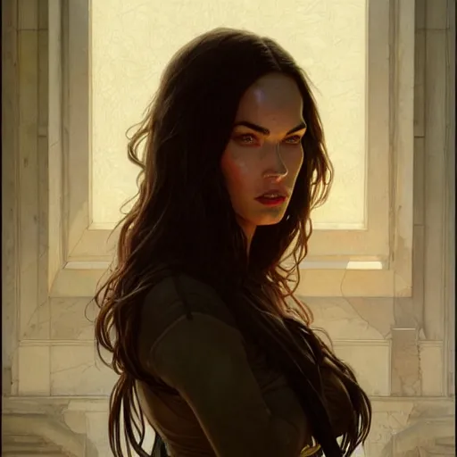 Image similar to Megan Fox , highly detailed, digital painting, artstation, concept art, sharp focus, illustration, art by greg rutkowski and alphonse mucha