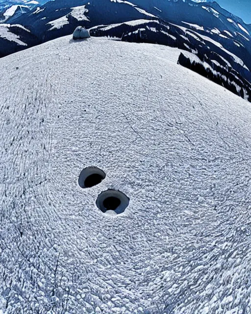 Prompt: a snowy owl's nest in the alps, zoomed out, shot from drone, iphone capture