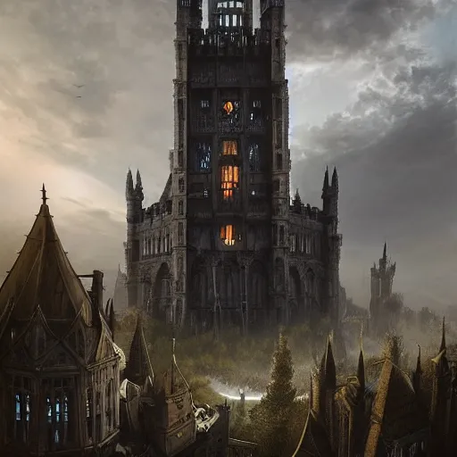 Prompt: a lonely and impossibly tall ominous gothic dark citadel tower of the evil patriarch, battlements, castle wall, portcullis, in a river elevated high above the city, flintlock fantasy capital city, scary gothic architecture, ultrawide lense, aerial photography, unreal engine, exquisite detail, 8 k, art by greg rutkowski and alphonse mucha