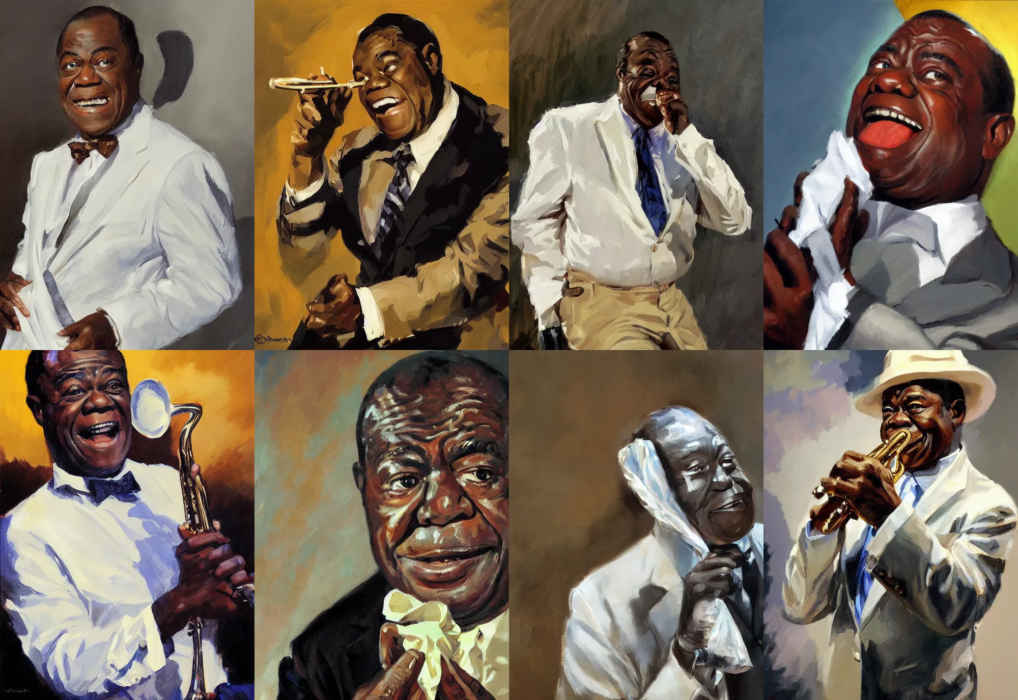 Image similar to a portrait of louis armstrong holding a white handkerchief, by greg manchess, dramatic lighting, highly detailed digital painting