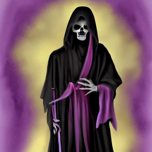 Image similar to grim reaper, purple cloak, full body