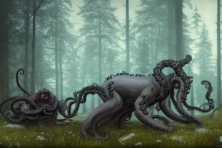 Image similar to dark demon beast with tentacles in a swedish forest, very low angle photograph, very detailed, trending on artstation, realistic, soft colors, illustration by john bauer, simon stålenhag, horror, creepy