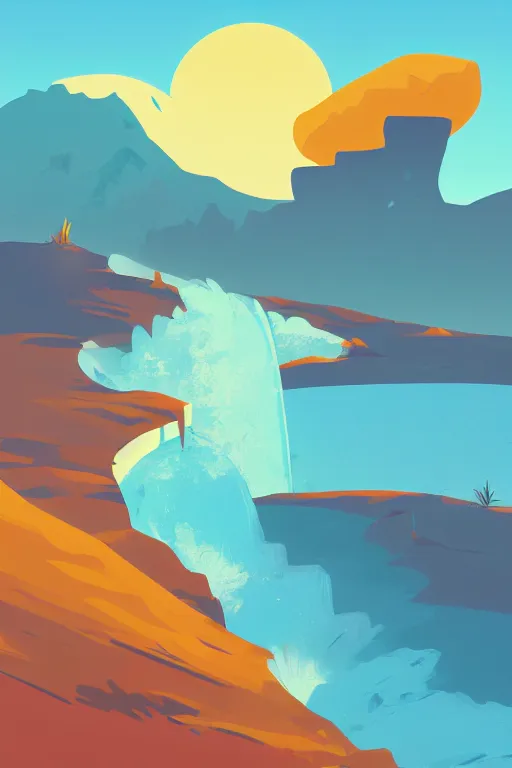 Image similar to sunrise mountain water vector illustration digital art by james gilleard trending on artstation