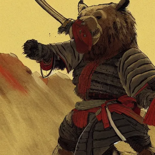 Prompt: Samurai fighting a giant bear, art by Ben Bauchau, painterly, digital art, artstation, pen and ink work. sharp focus.