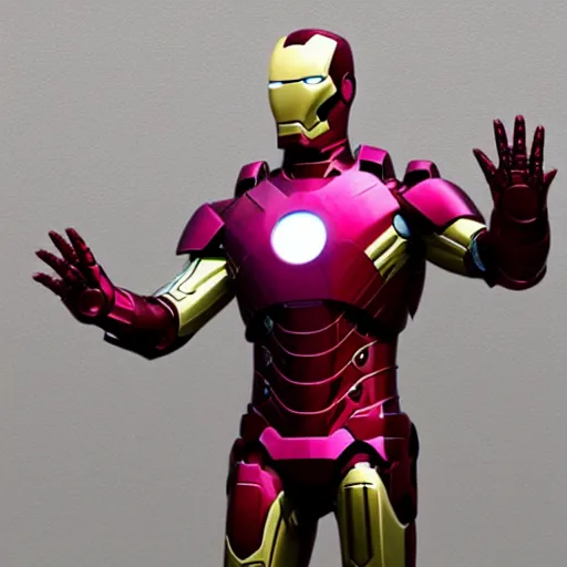 Prompt: Iron Man wearing fuzzy pink armor
