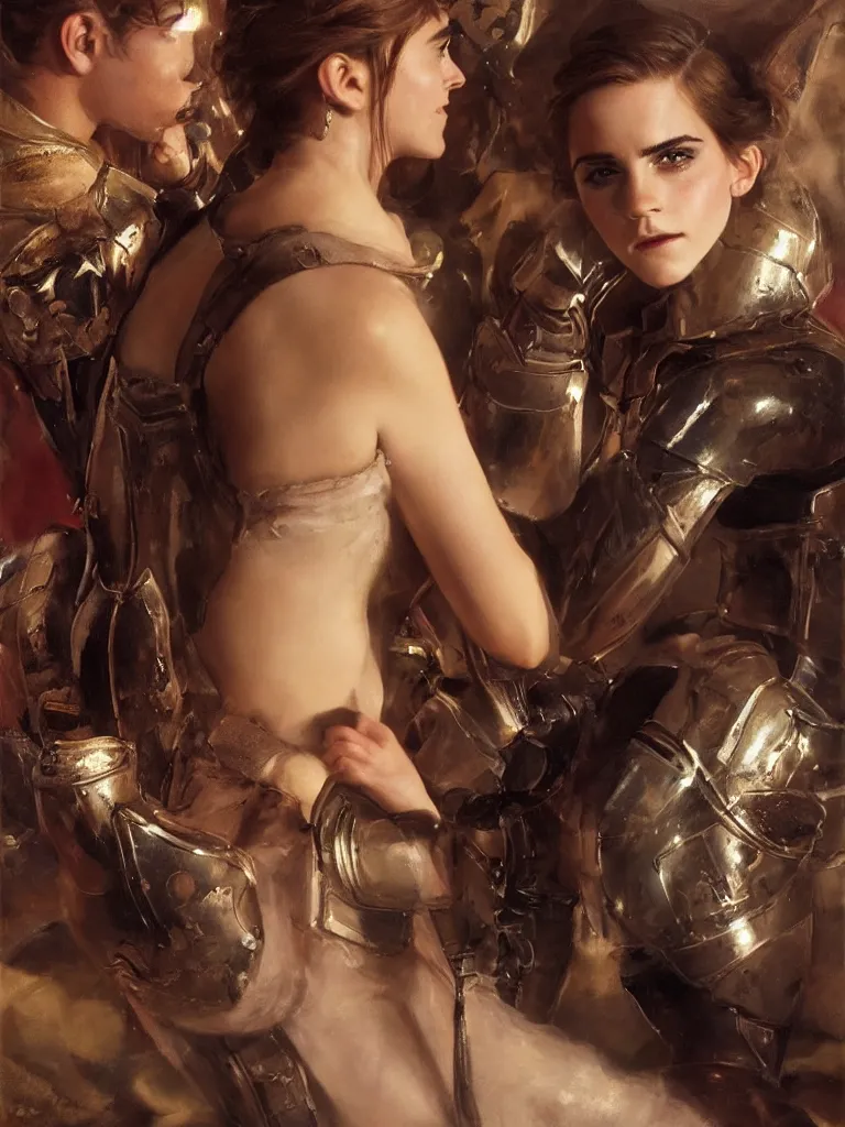 Image similar to close up of emma watson in full leather armor, cinematographic shot, alexander averin and delphin enjolras and daniel f. gerhartz