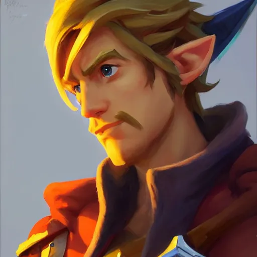 Image similar to greg manchess portrait painting of link from legend of zelda as overwatch character, medium shot, asymmetrical, profile picture, organic painting, sunny day, matte painting, bold shapes, hard edges, street art, trending on artstation, by huang guangjian and gil elvgren and sachin teng