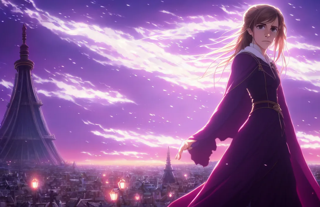 Prompt: medium portrait emma watson in heavens feel movie, detailed face, violet evergarden, tokyo, ufotable, key visual, cinematic, city background, night time, street, fate stay night, unlimited blade works, greg rutkowski, high resolution, regal, fine art, anime, high budget