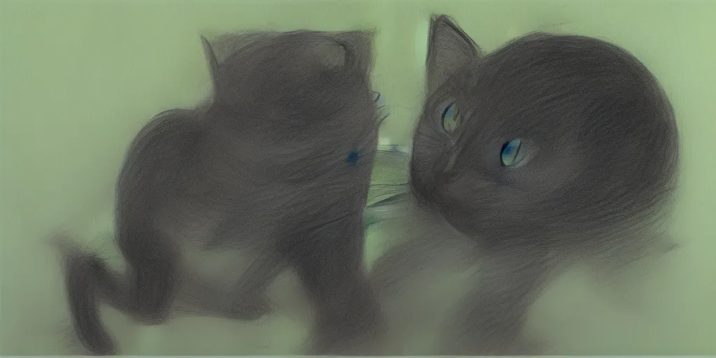 Image similar to a detailed drawing of a surprised black cat, behind a smurf, modulated line