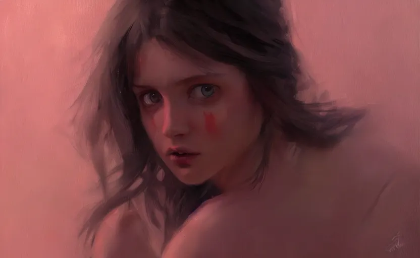 Image similar to a painting of little alice trending on artstation in the style of greg rutkowski, beautiful, female, sensual, natural skin, curvy build, natural sensuality, pink, blue, portrait