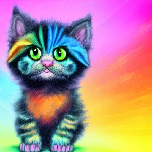 Prompt: wide angle full body, of a fluffy cute rainbow kitten wearing a black motorcycle jacket, concept art