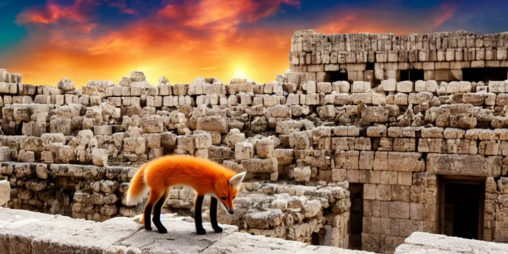 Image similar to A beautiful small fox in the huge ruins of the second temple in Jerusalem :: Dreamy sky :: The third temple hovers quietly in the sky above :: Very colorful painting 8k trending on art station :: Intricate details, very realistic, cinematic lighting, volumetric lighting, photographic blur bokeh defocus dof sky