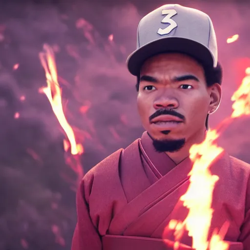 Image similar to cinematic film still of Chance The Rapper starring as a Samurai holding fire, Japanese CGI, VFX, 2022, 40mm lens, shallow depth of field, film photography